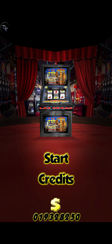 Dream JackPot - Dream JackPot mobile game home screen featuring a classic slot machine on a red stage with start and credits buttons