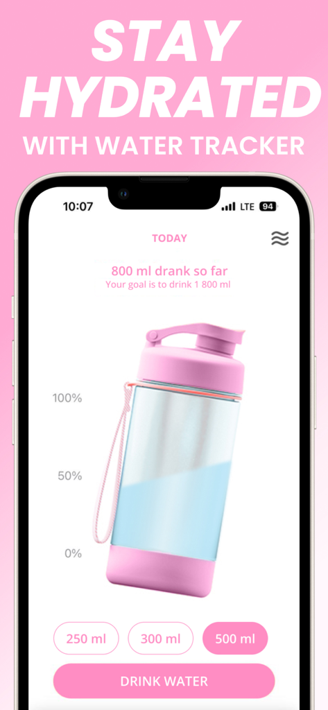 Una pantalla de teléfono móvil que muestra un rastreador de agua rosa con un objetivo de hidratación diario de 1800 ml para fitness femenino