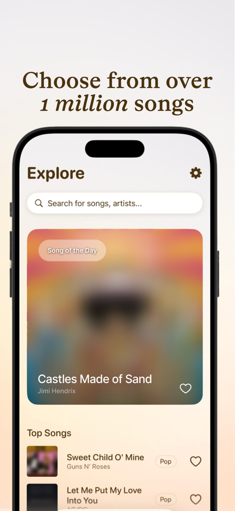 Pantalla de exploración de la aplicación Strum mostrando una barra de búsqueda de canciones y pistas de guitarra destacadas
