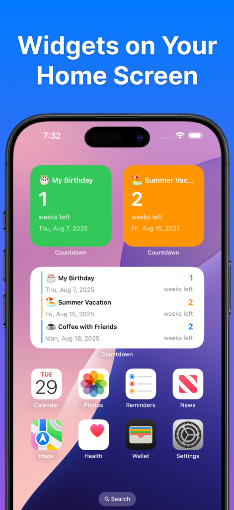 Countdown Widget • - Pantalla de inicio de iPhone que muestra coloridos widgets estéticos de cuenta regresiva para cumpleaños y vacaciones