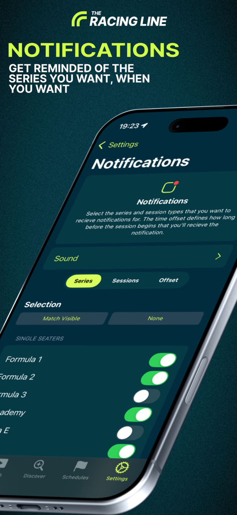 TheRacingLine: Racing Live TV - TheRacingLine app interface showing customizable notification settings for different racing series like Formula 1.