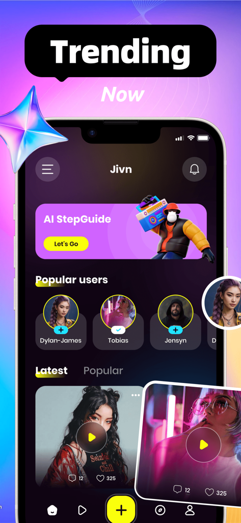 Jivn: Video, Share Fun - Jivin app interface displaying trending dance videos, popular users, and an AI StepGuide feature