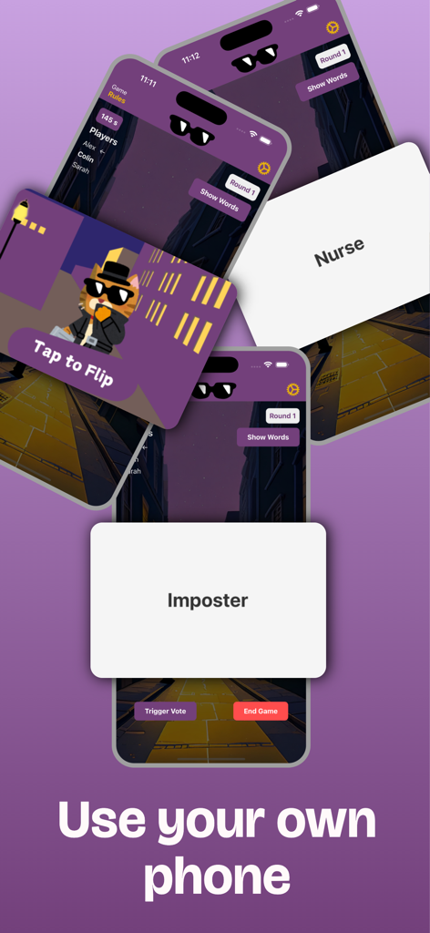 Gráfico promocional para Imposter Secret Word Game mostrando várias telas de celular com papéis de jogadores e interface de jogo