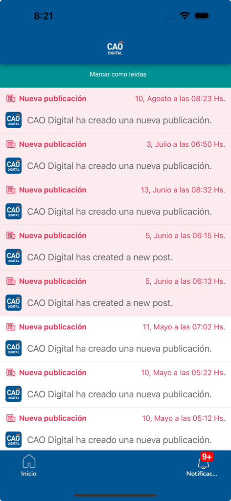 CAO Digital - La pantalla de notificaciones de la aplicación CAO Digital que muestra una lista cronológica de nuevas publicaciones médicas y actualizaciones en español e inglés