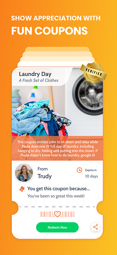 Couple Game: Relationship Quiz - カップルゲームアプリのインターフェースで、ランドリーデーのためのデジタル関係クーポン