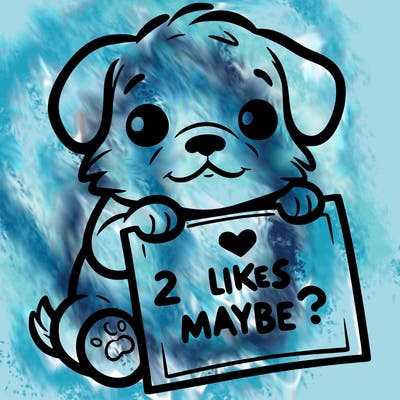 a puppy holding a sign that says 2 likes maybe?