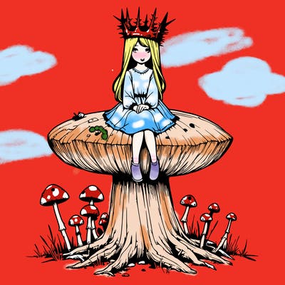 realistic girl sitting on a huge tree stump size toadstool with thorn crown