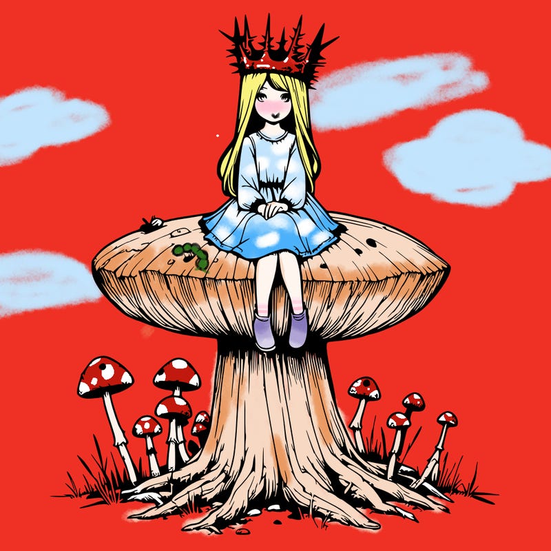realistic girl sitting on a huge tree stump size toadstool with thorn crown