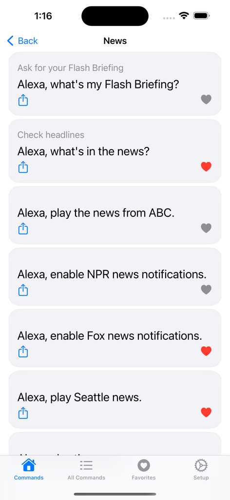 A list of news voice commands for Alexa displayed in the mobile app.
