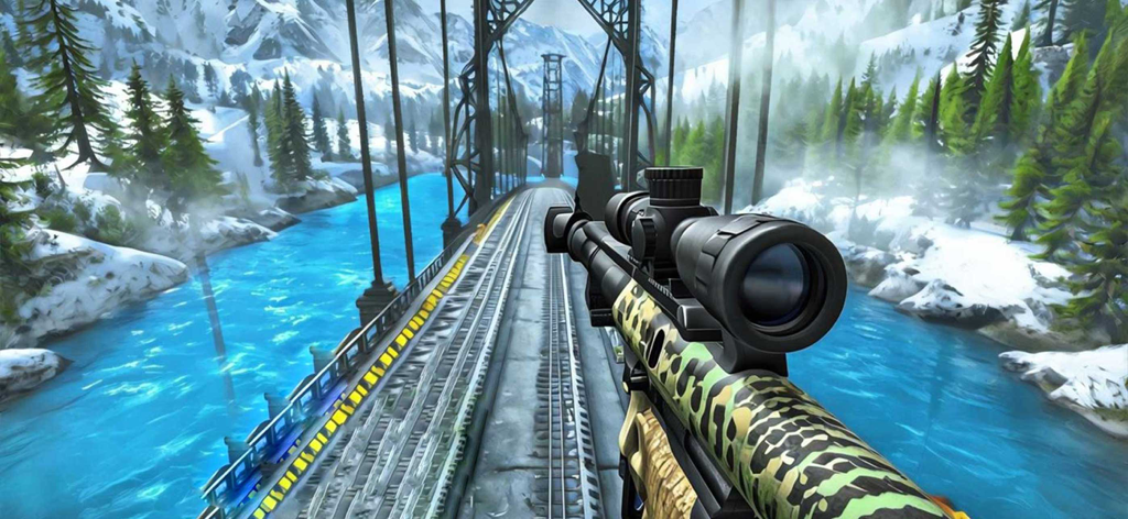 Secret Mountain Sniper Shooter - First-person view of a camouflage sniper rifle aimed down a bridge in a snowy mountain landscape