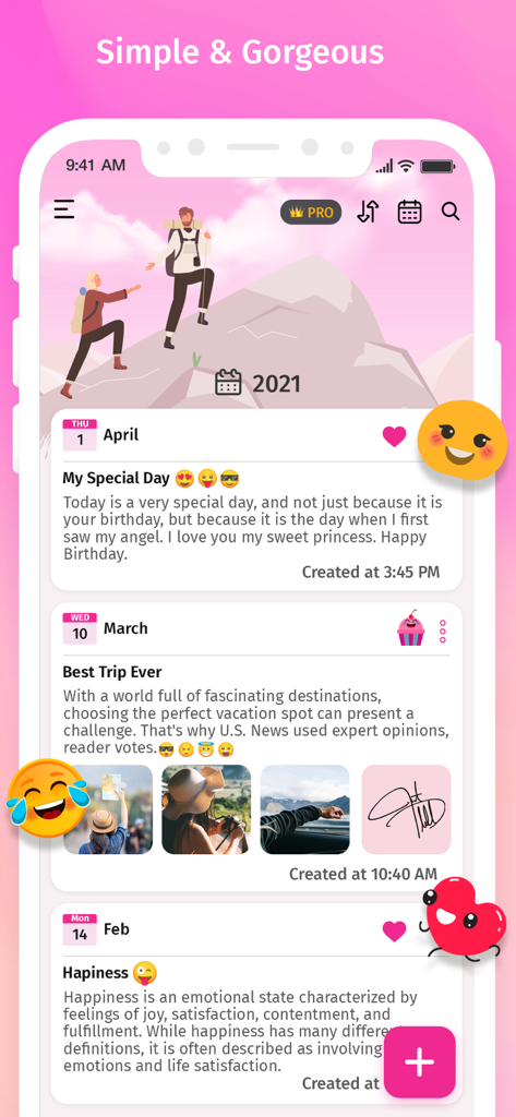Secret Diary With Lock - Interface of the Secret Diary With Lock app showing a feed of pink and stylish journal entries with photos and emojis