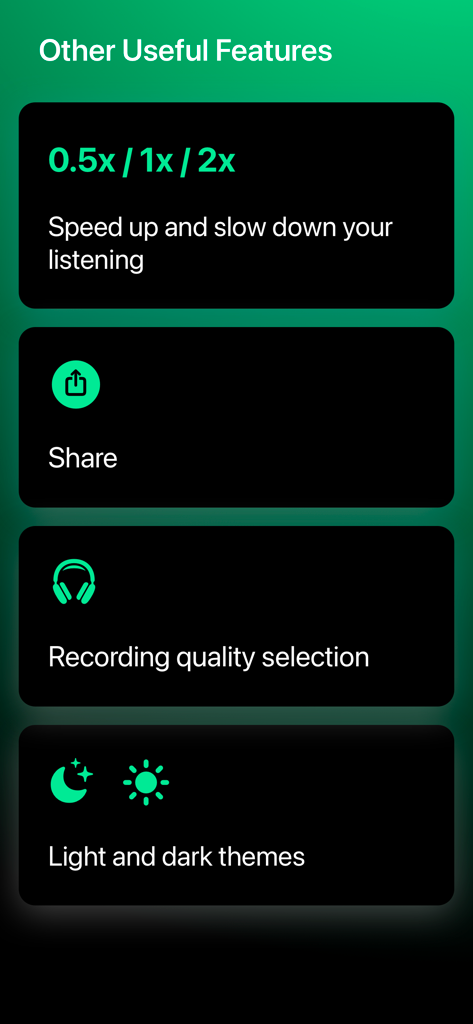 Voice Recorder with Timecodes - Una lista de funciones adicionales para la aplicación Lecty que incluye control de velocidad de reproducción, opciones de compartir, calidad de grabación y configuraciones de tema.