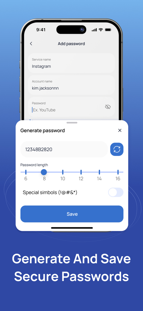 Authenticator: Secure 2FA, MFA - A mobile app interface for generating and saving secure passwords with customizable length and characters.