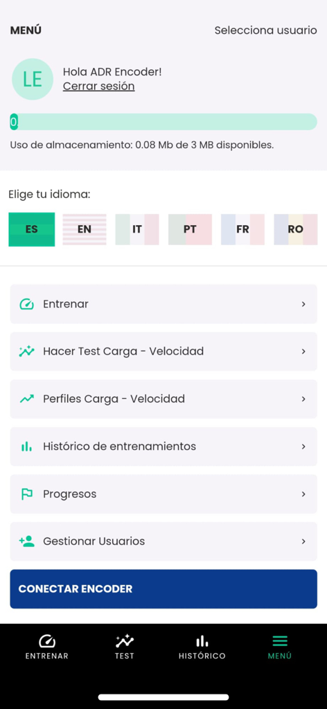 ADR System - The main menu interface of the ADR System app showing training tests and coach settings.