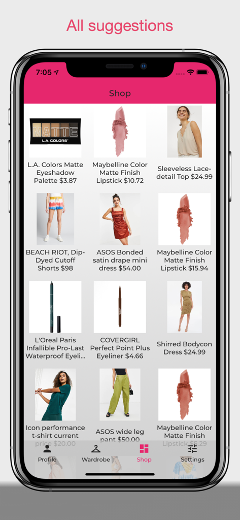 Un écran mobile montrant des suggestions d'achats de vêtements et de maquillage dans l'application Your Stylist