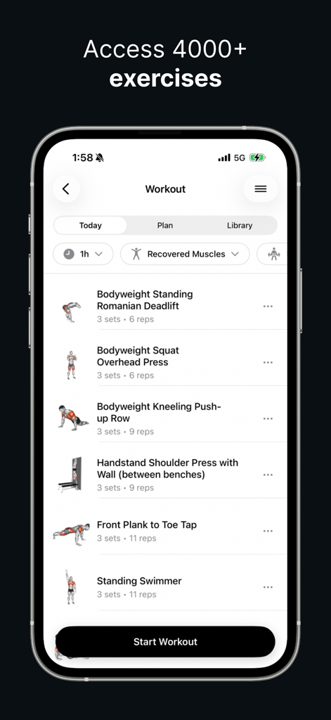 Smartphone screen of Metryc AI app displaying a list of bodyweight exercises in a daily workout plan
