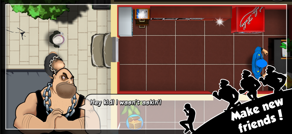 Top-down view of Robbery Bob gameplay featuring a comical dialogue scene with an intimidating character and a patrolling security guard.