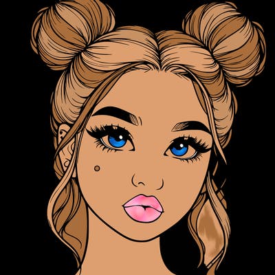 realistic girl with two buns on her hair and lips