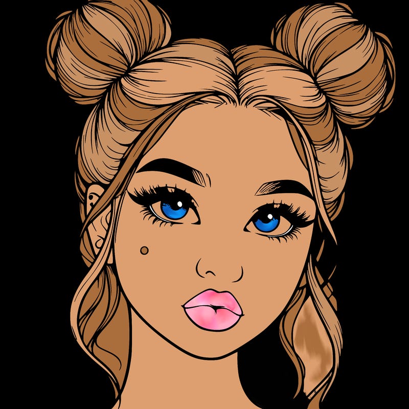 realistic girl with two buns on her hair and lips