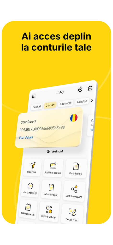 BT Pay mobile app screen showing bank account details and various financial service icons