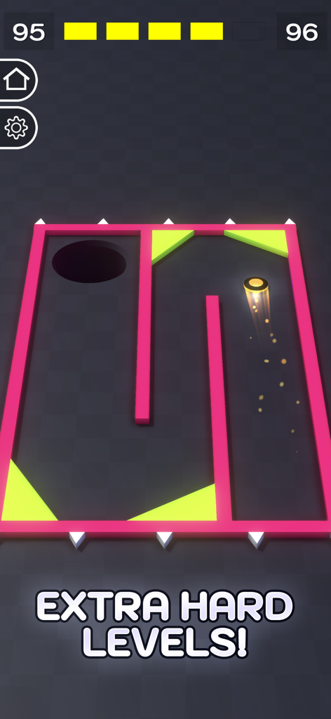 Buca! Fun, Satisfying Game - Captura de pantalla del juego móvil Buca que muestra un nivel desafiante con un disco navegando por un laberinto rosa hacia un agujero.