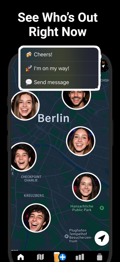 Interface of Beer Buddy app showing a live map with friends locations and quick reaction options