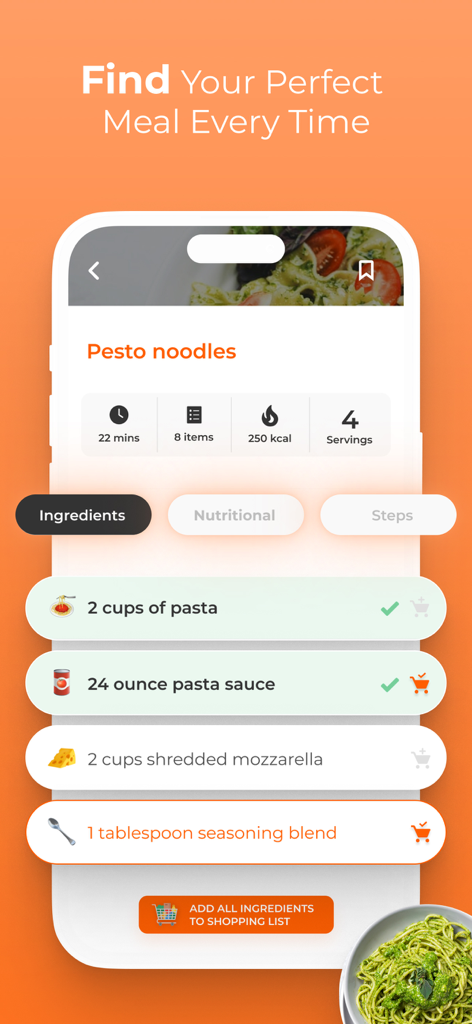 Foodiaz - Foodiaz app screen showing recipe details for pesto noodles with ingredients list and nutritional information