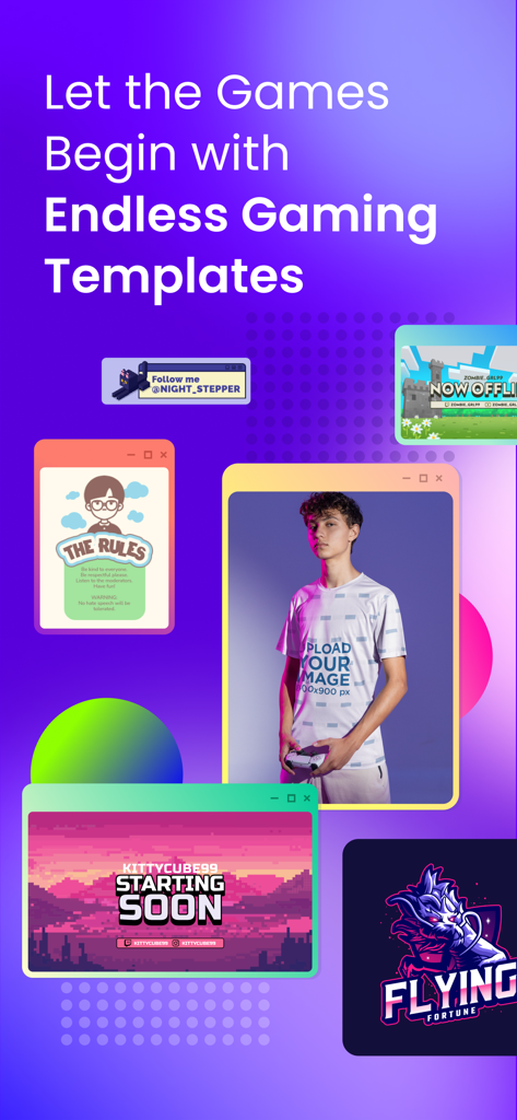 Placeit Mockups & Design - A showcase of various gaming design templates within the Placeit app including streaming overlays, logos, and apparel mockups.