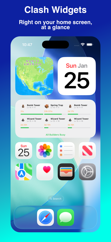 Clashboard - Widget de l'écran d'accueil Clashboard sur un iPhone montrant la progression en temps réel des améliorations des ouvriers pour Clash of Clans