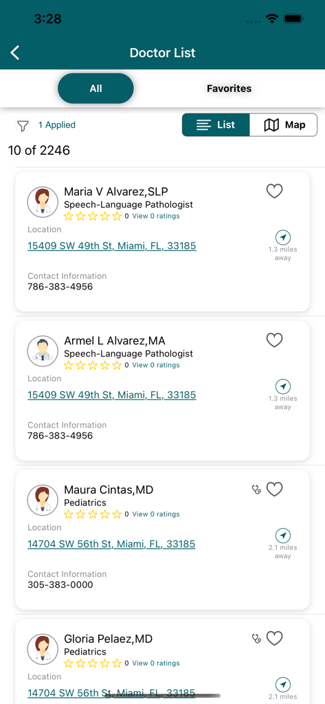 My Molina - マイアミの医療提供者を表示するMy Molinaヘルスケアアプリの医師リストビュー