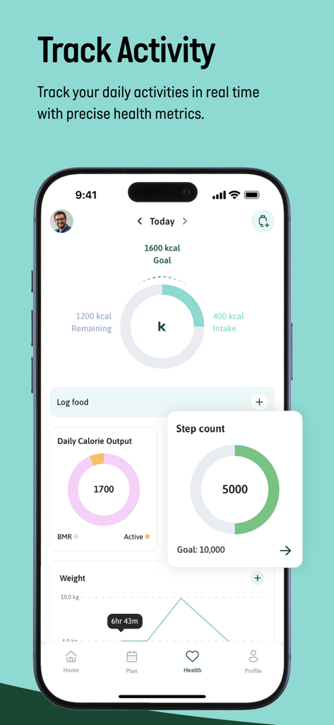 Kcal Meal Plans - Interfaccia dell'app Kcal Meal Plans che mostra metriche di apporto calorico, conteggio dei passi e tracciamento del peso su un iPhone