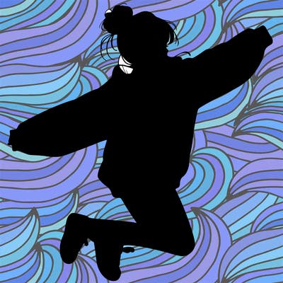 realistic girl jumping with a bun and oversized sweatshirt