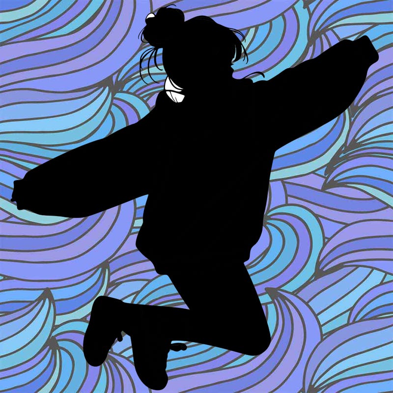 realistic girl jumping with a bun and oversized sweatshirt