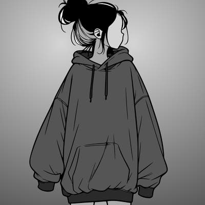 realistic girl with a oversized sweatshirt on and a bun