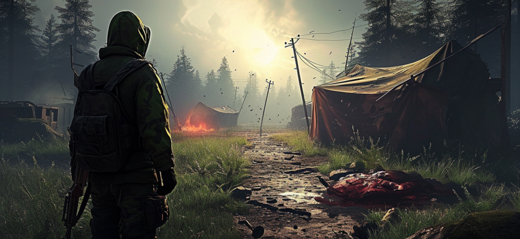 Survival Point: zombie island - Un survivant avec une veste à capuche regardant un camp désolé dans un jeu de survie zombie