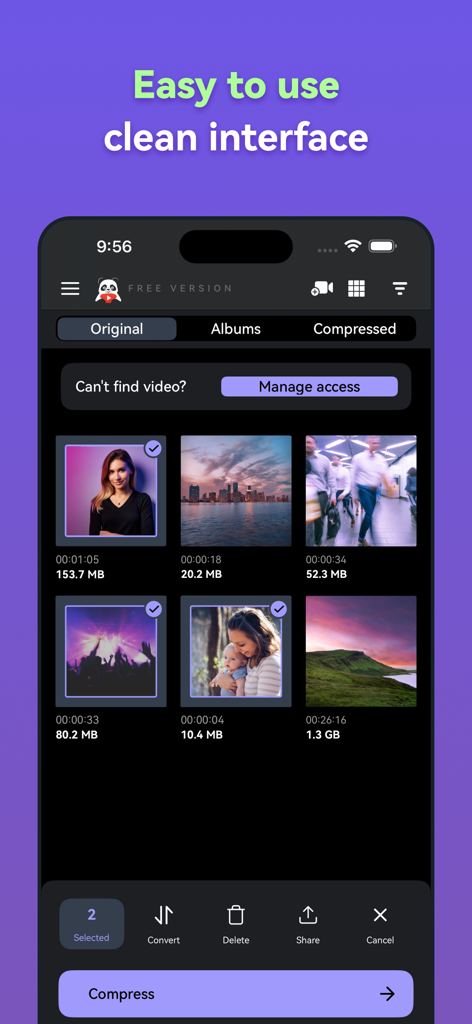 Panda Video Compressor mobile app showing a clean and easy to use video gallery interface