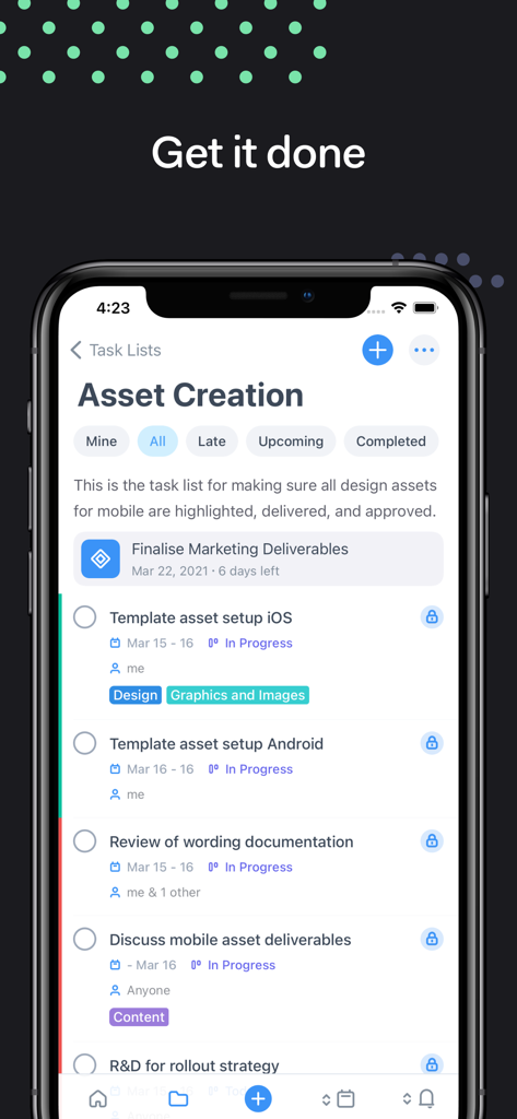 Teamwork app interface showing a task list for asset creation on an iPhone