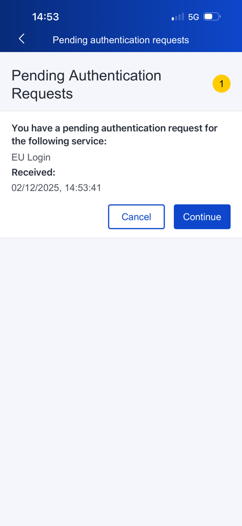 Interfaccia dell'app EU Login che mostra una richiesta di autenticazione a più fattori in sospeso.