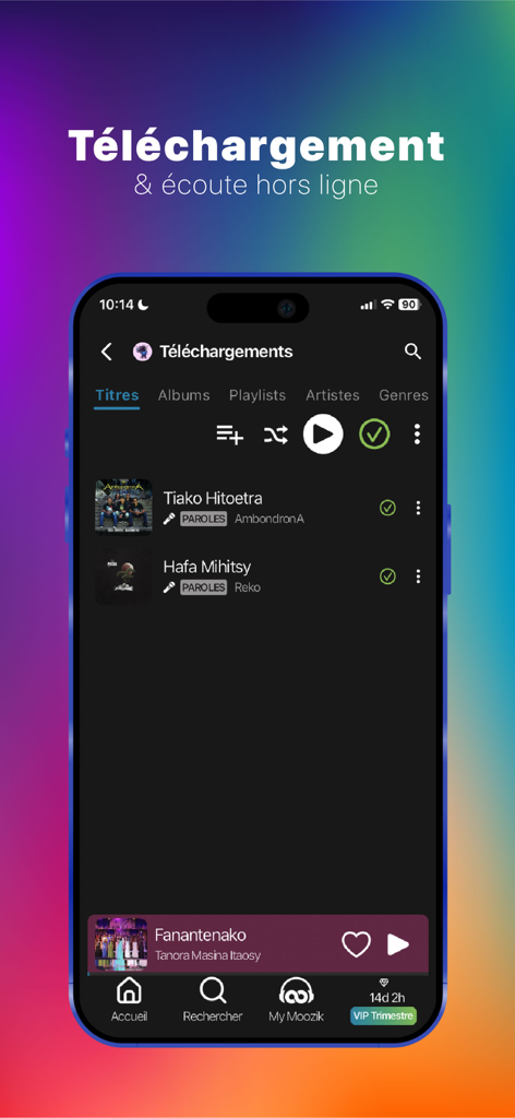 Moozik : Musique et Karaoké - Moozik app screen displaying downloaded Malagasy music tracks for offline listening