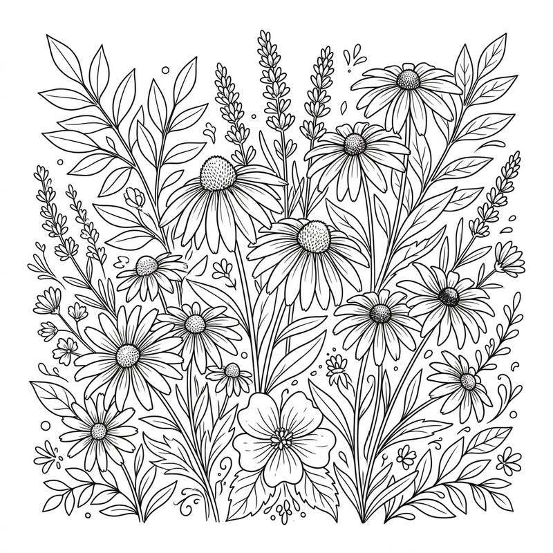 Dive into a beautiful botanical world with this intricate wildflower coloring page designed specifically for teens. Enjoy the detailed array of native flowers, perfect for expressing your artistic flair.
