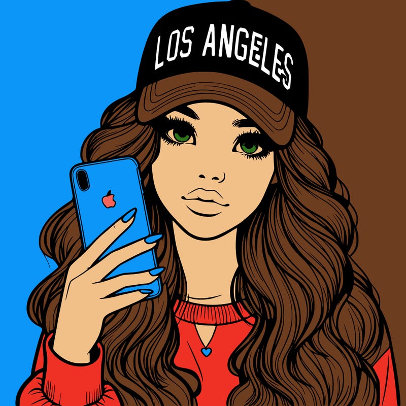 realistic beautiful girl wearing los ángeles cap holding an iphone