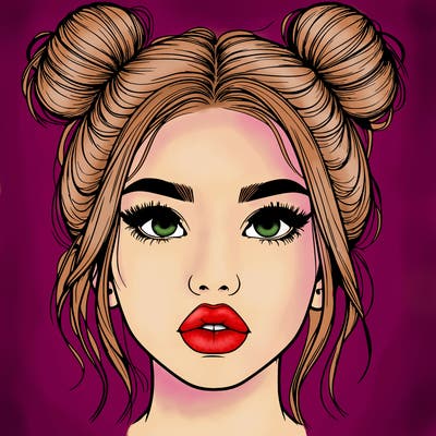 realistic girl with two buns on her hair and lips