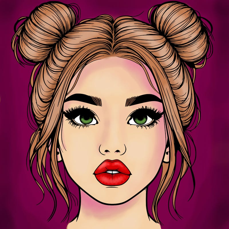 realistic girl with two buns on her hair and lips