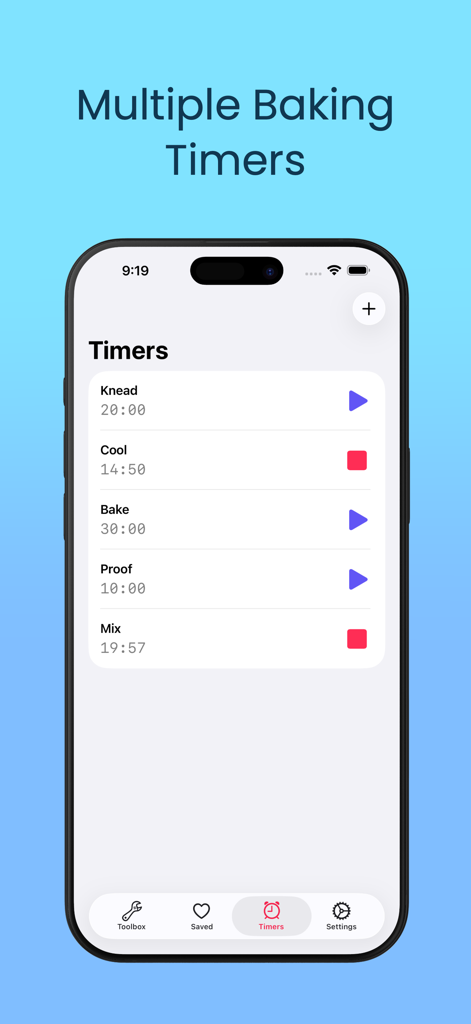 Bake-u-lator - Bake-u-latorアプリのインターフェース。こねる、冷ます、発酵させるためのカスタム製菓タイマーのリストが表示されています。