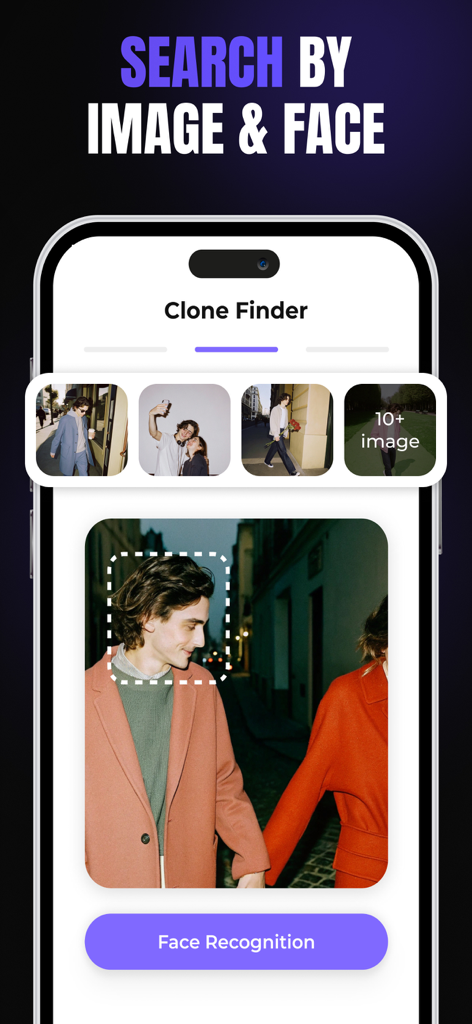 Interface do aplicativo móvel mostrando reconhecimento facial e recurso de localizador de clones para identificar pessoas em fotos
