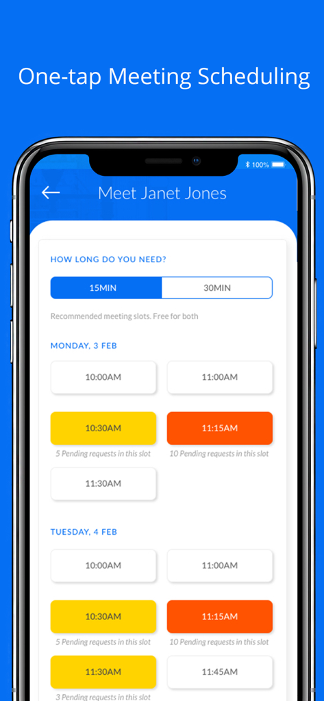 SnapCard - OTM BLTM Event App - Interface of the SnapCard app showing a one tap meeting scheduling screen with available time slots for event networking