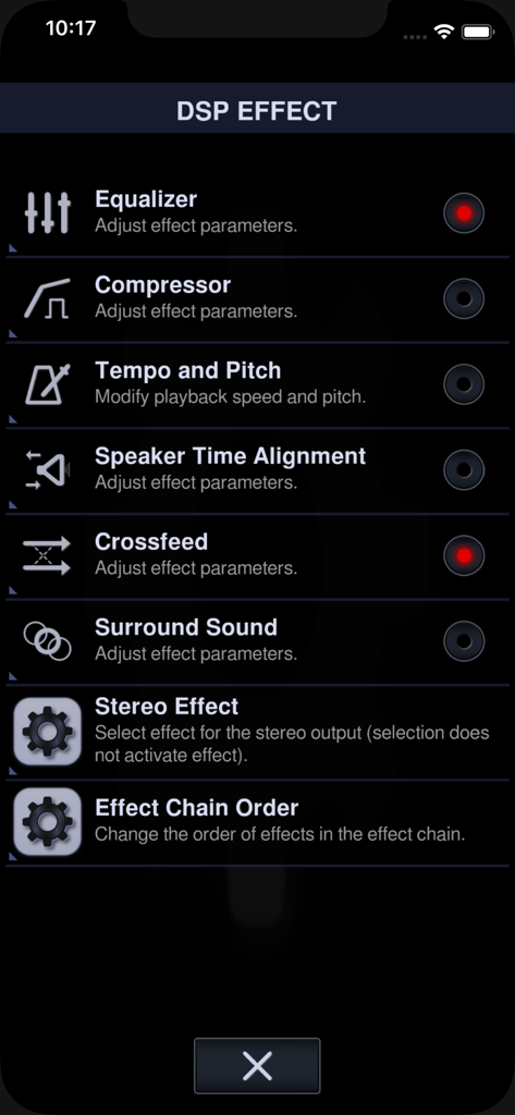 Neutron Music Player - Digital Signal Processing menu in Neutron Music Player featuring equalizer compressor and crossfeed options
