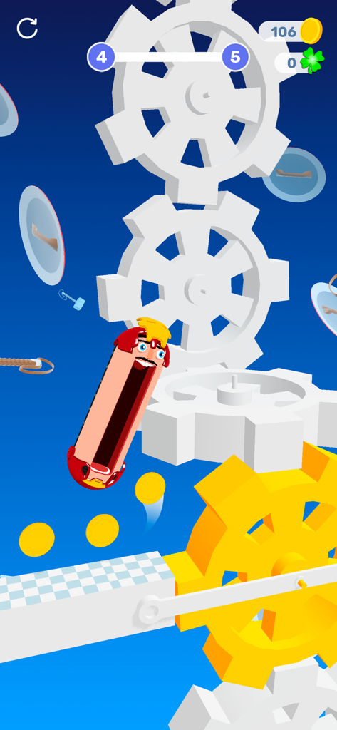 Hopping Heads: Scream & Shout - Ein langgestreckter Charakterkopf mit weit offenem Mund springt durch ein Level mit weißen und gelben Zahnrädern