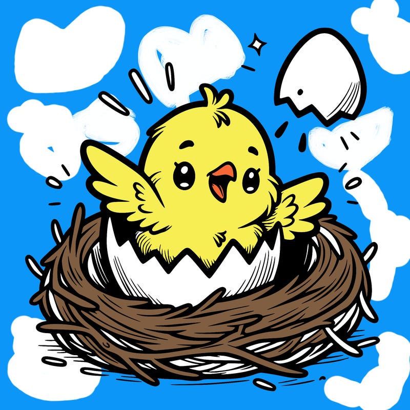 a baby chick hatching from an egg in a nest