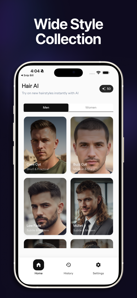 Hairstyle Try On & Hair AI - Mobile app screen showing a collection of men hairstyles including crew cut and low fade